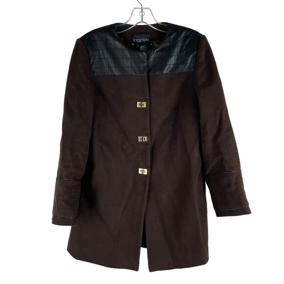 Etcetera Leather Trim Long Coat Jacket Turnlock Closure Brown Size 6 - Picture 1 of 9